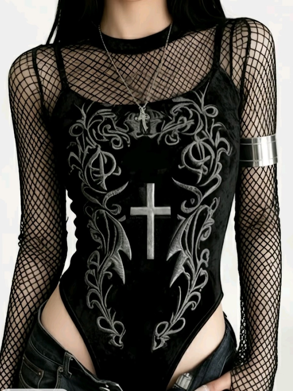 Women's Black Velvet Cross Bodysuit Size L